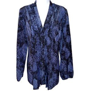 T TAHARI Large Black/Blue Print Ruffle Pleated Snap Front Gathered Back Blouse